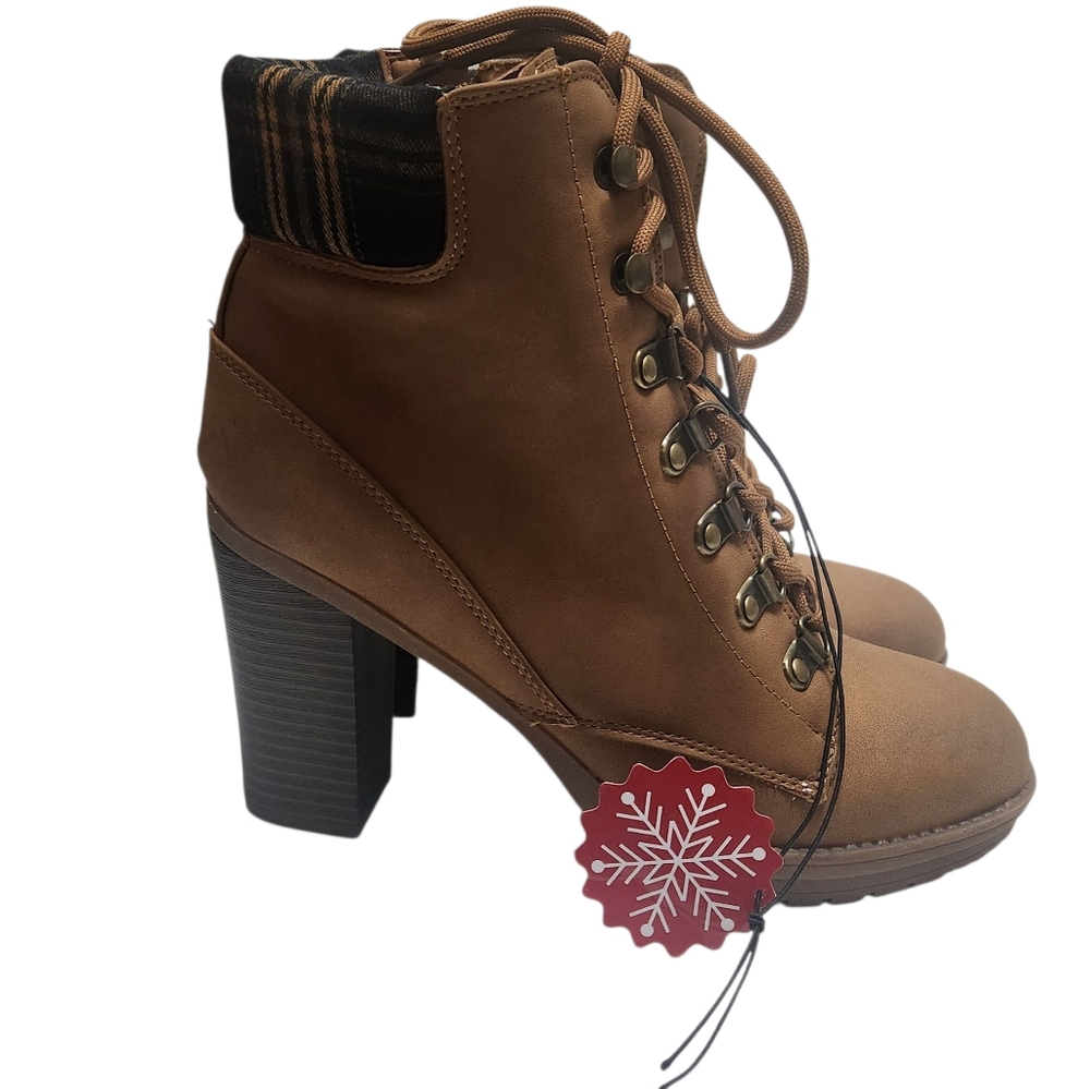 Andiamo Lace-Up Boots Women’s 8.5M Brown Plaid Trim Boho Chic NEW - Picture 5 of 13
